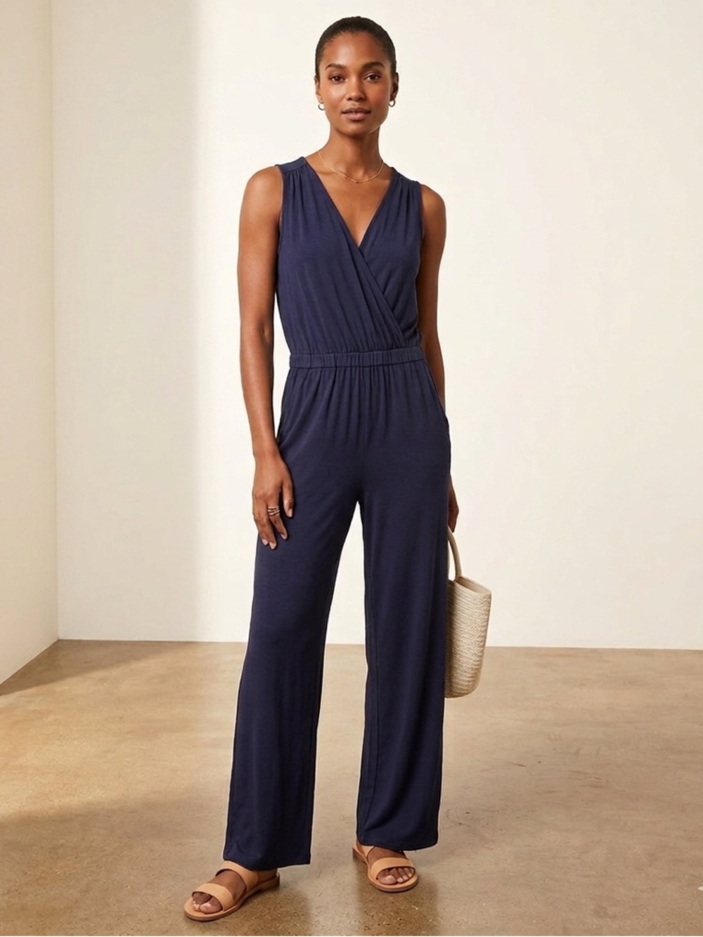 LOFT Beach Navy Blue Sleeveless Wrap Front Jumpsuit Pockets Size Small
